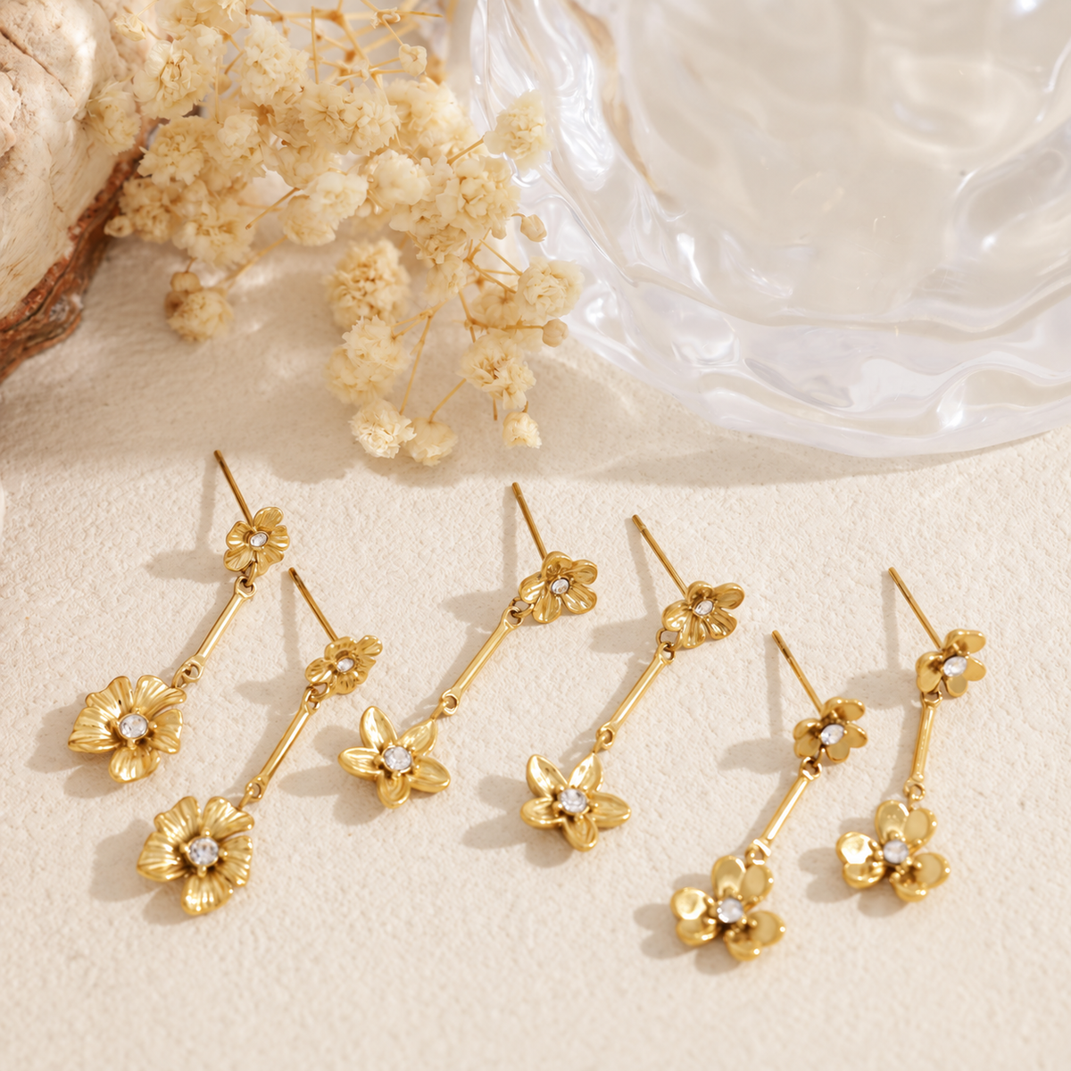Pendientes doble flor acero - pendientes de joyería al por mayor