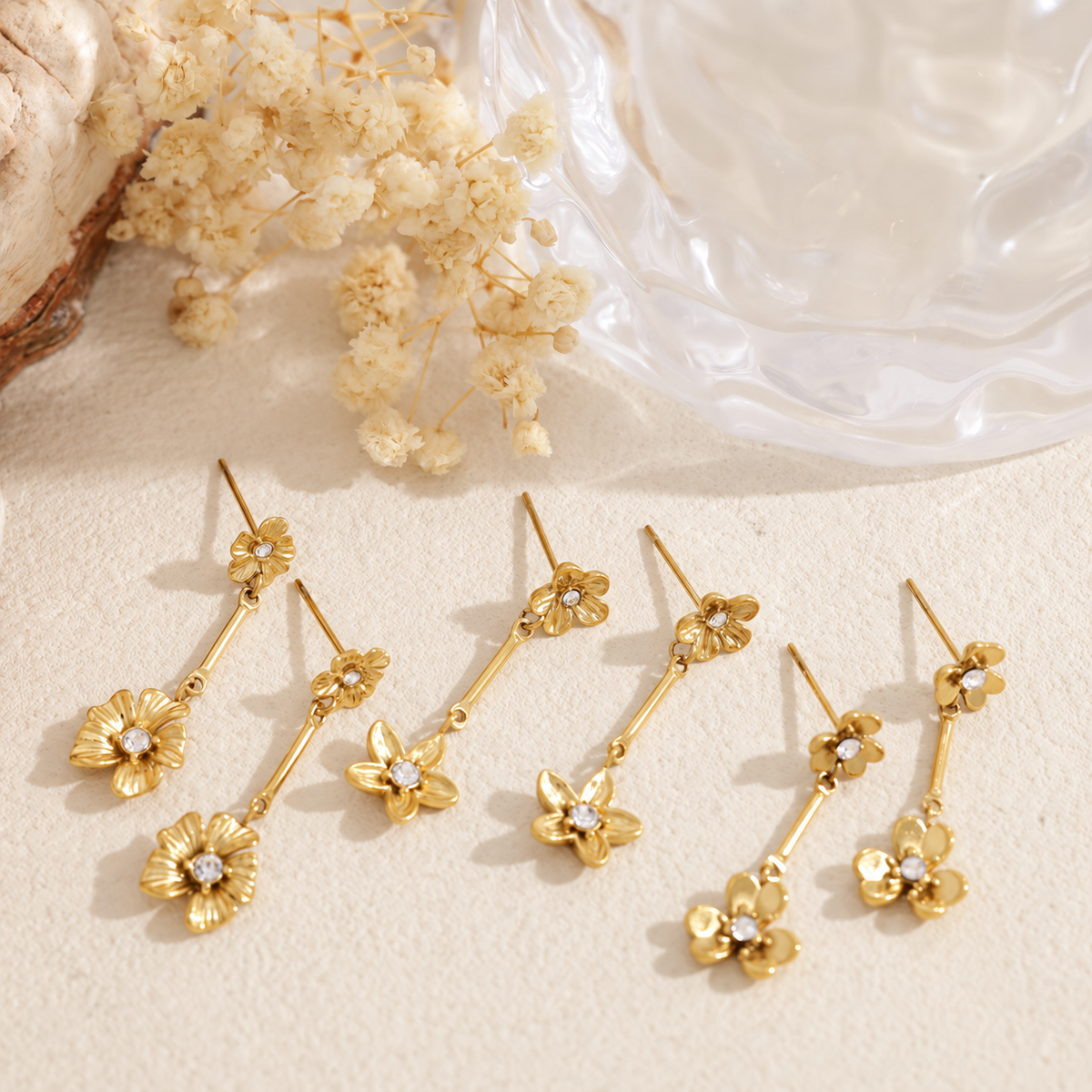 Pendientes doble flor acero - pendientes de joyería al por mayor
