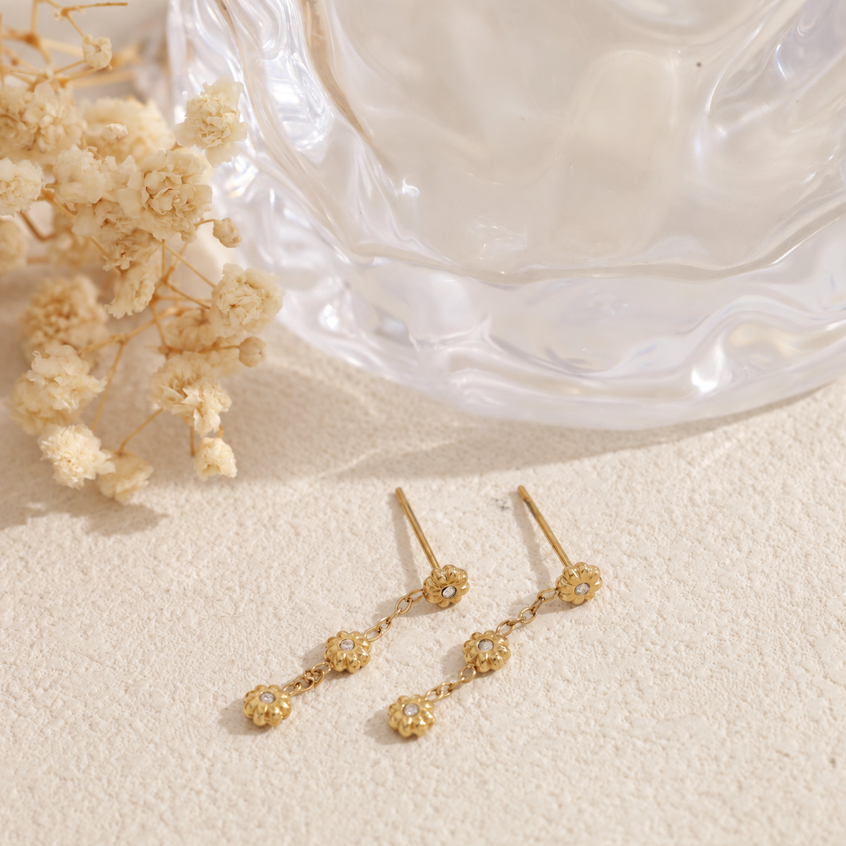 Pendientes largos triple flor acero - pendientes de joyería al por mayor