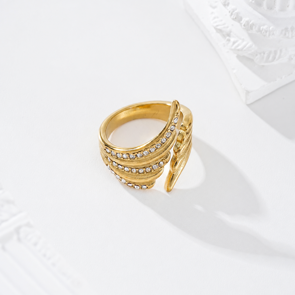 Anillo ala ajustable con circonitas de acero - anillo de joyería al por mayor