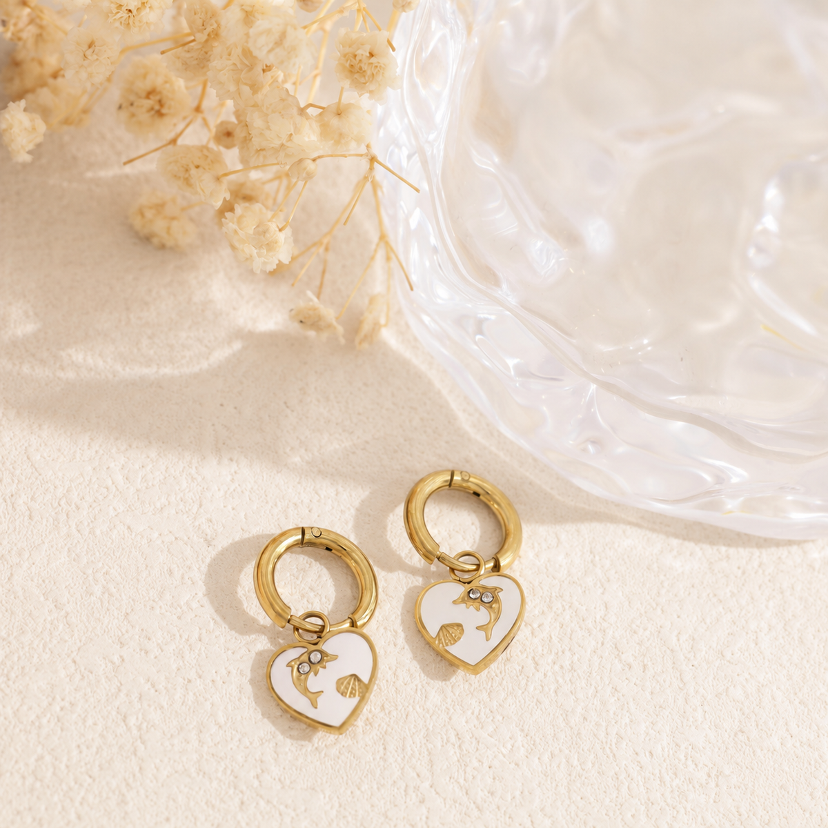 Pendientes aro con chapa corazón y delfín acero - pendientes de joyería al por mayor