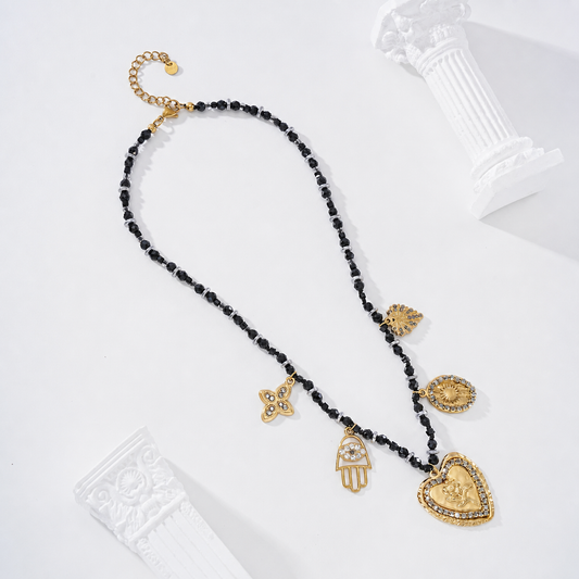 Collar cadena piedras negras y charms - collar de joyeria al por mayor