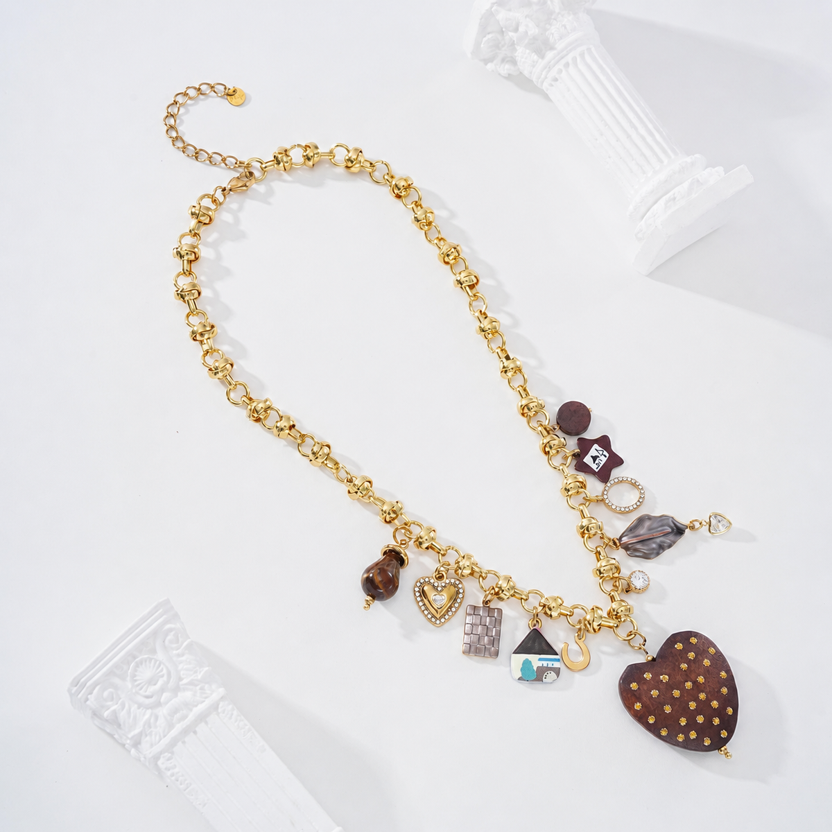 Collar con corazón y chapas marrones - collar de joyeria al por mayor