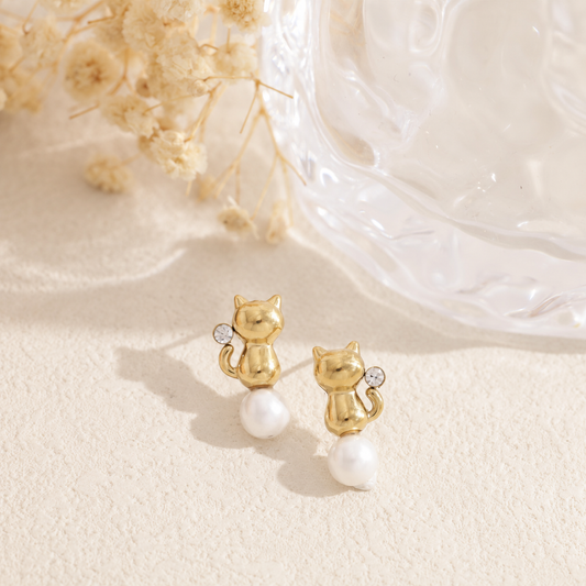 Pendientes gato con perla acero - pendientes de joyería al por mayor