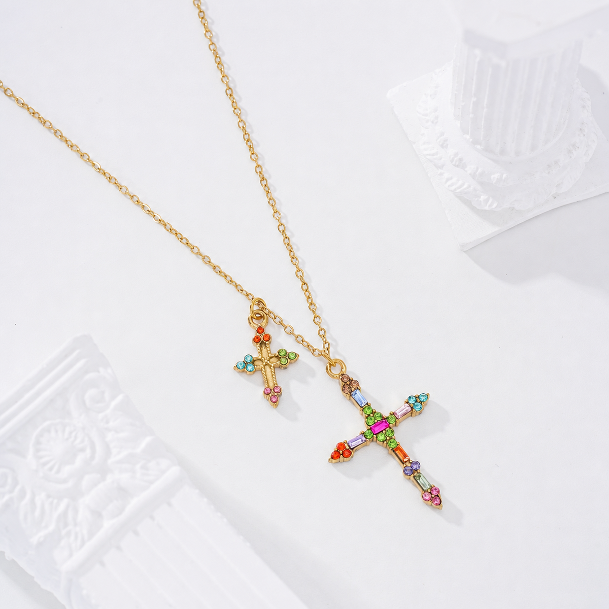 Collar doble cruz con piedra - collar de joyeria al por mayor