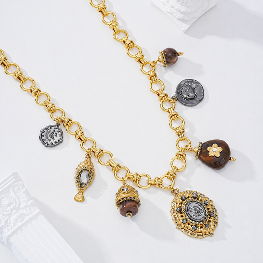 Collar con charms grises y marrones - collar de joyeria al por mayor