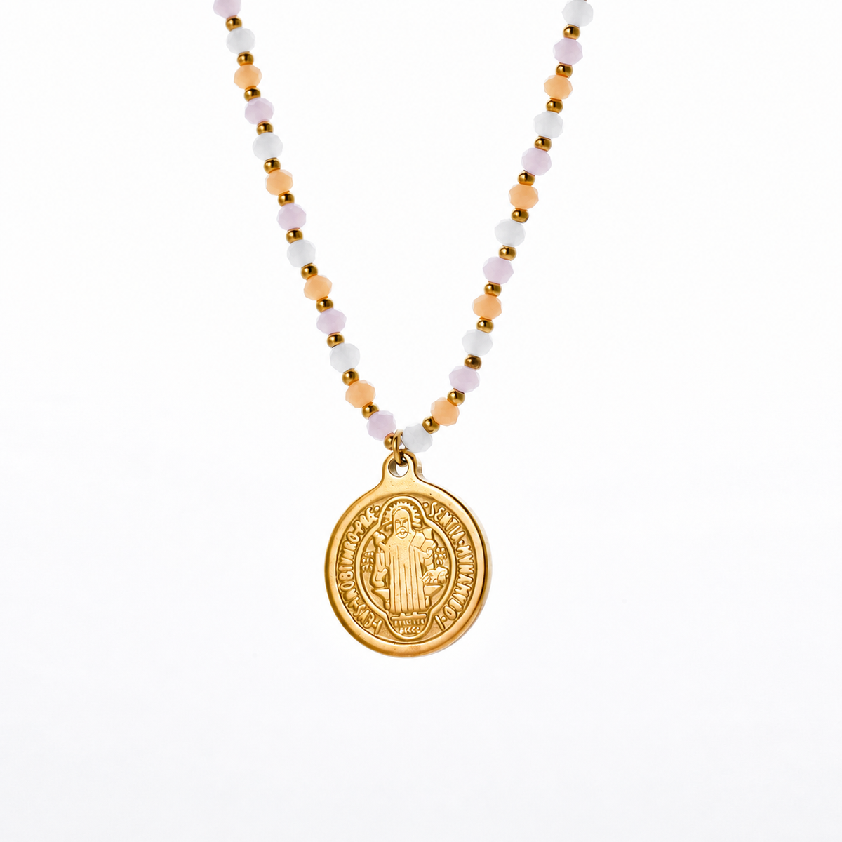Collar medalla San Benito cn cadena color pastel - collar de joyeria al por mayor