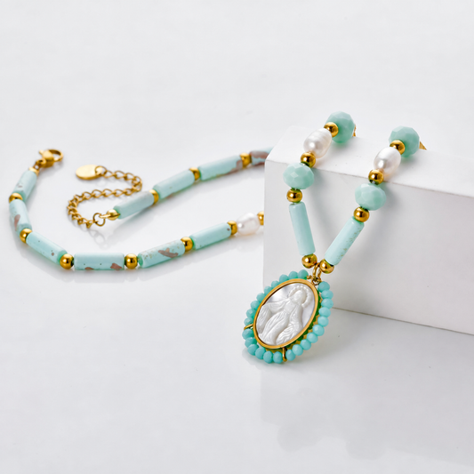 Collar Virgen Milagrosa con piedras turquesas - collar de joyeria al por mayor