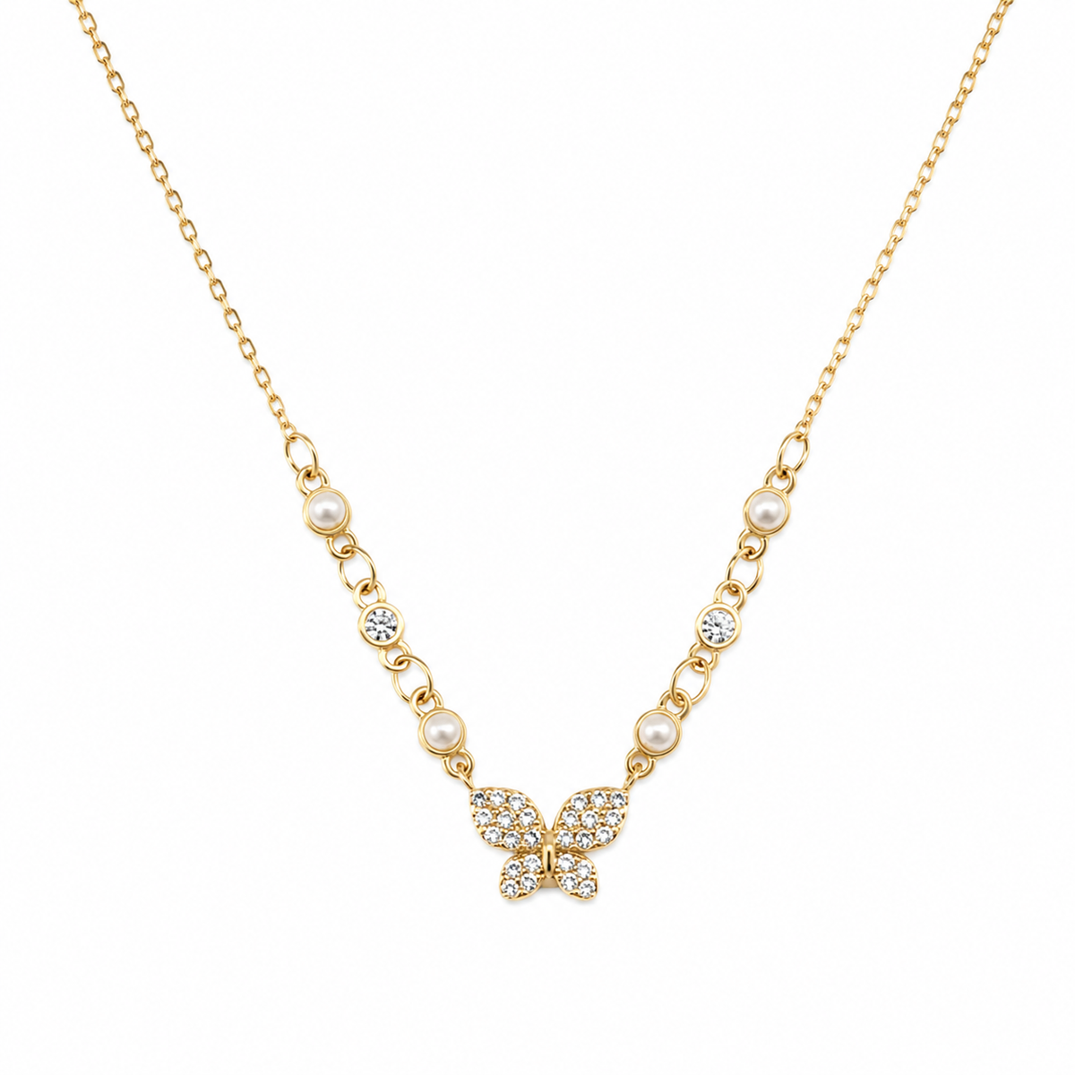 Collar dorado con mariposa, perlas y cristales