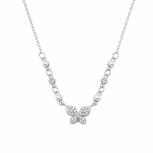 Collar plateado con mariposa, perlas y cristales