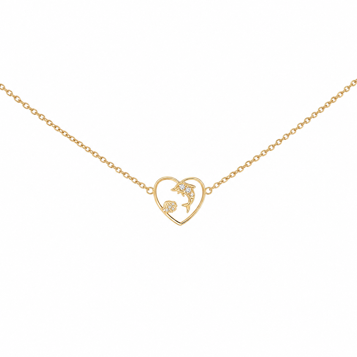 Pulsera dorada con corazón y delfin