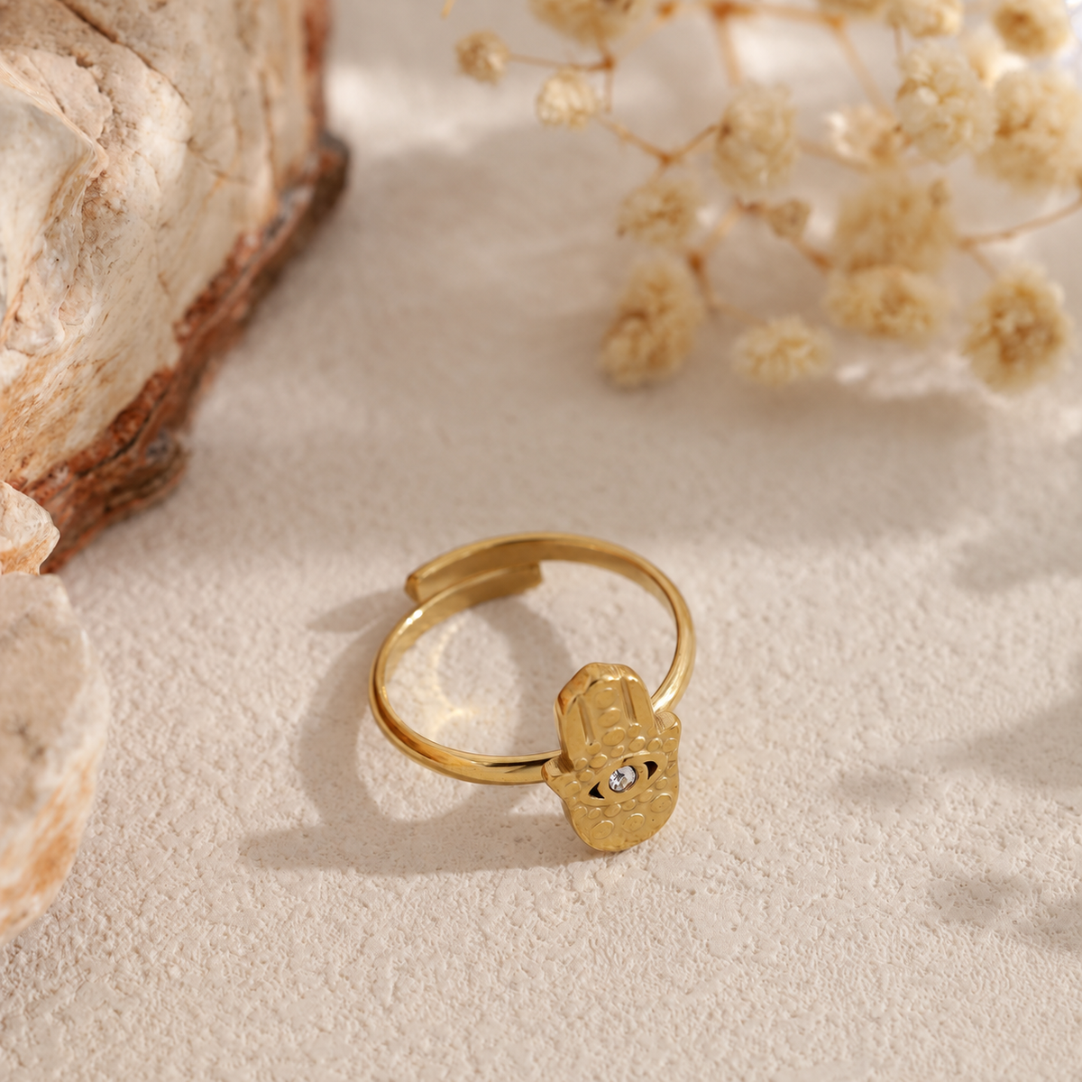 Anillo abierto dorado con mano de Fátima y circonita - anillo de joyería al por mayor