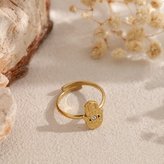 Anillo abierto dorado con mano de Fátima y circonita - anillo de joyería al por mayor