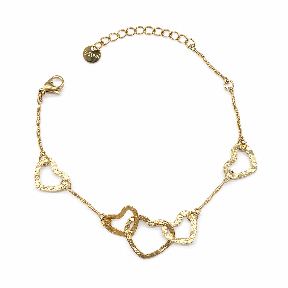 Pulsera dorada con corazones texturizados