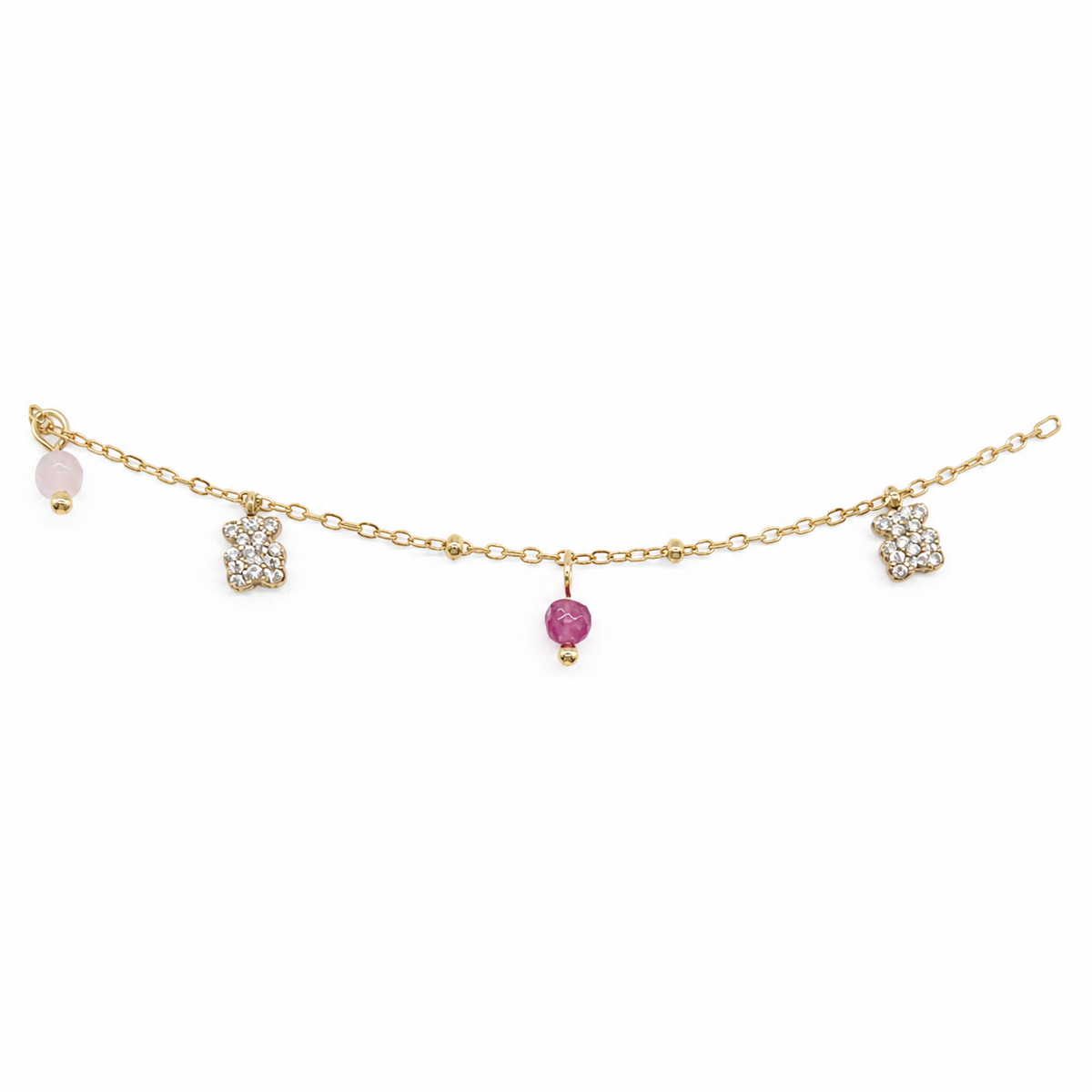 Pulsera dorada con ositos brillantes y piedras rosas