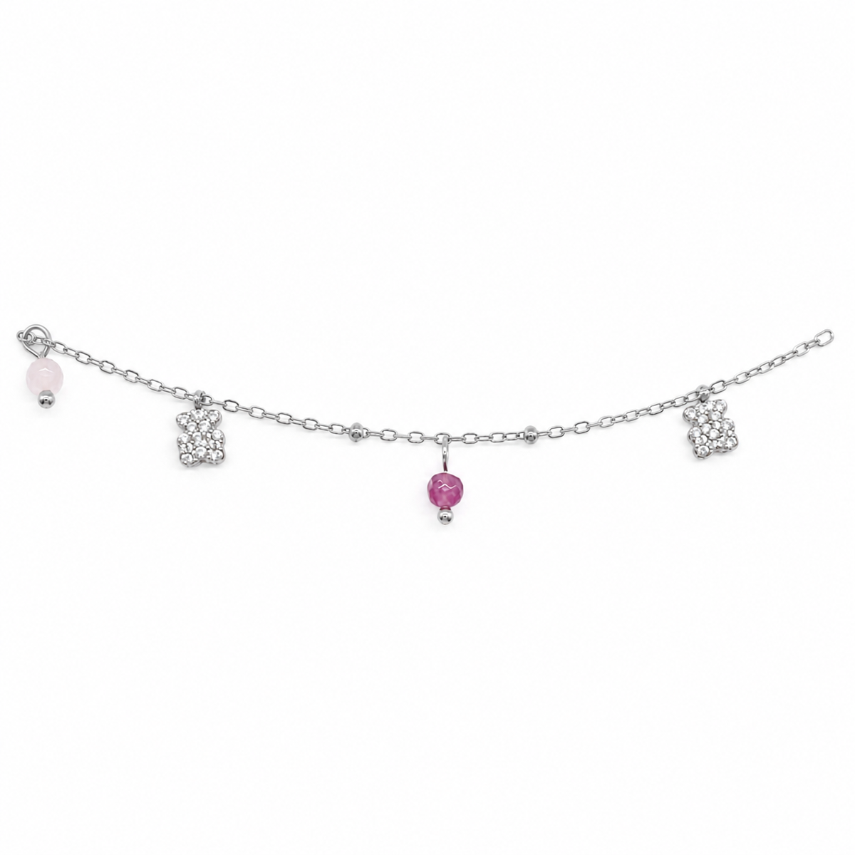 Pulsera plateada con ositos brillantes y piedras rosas