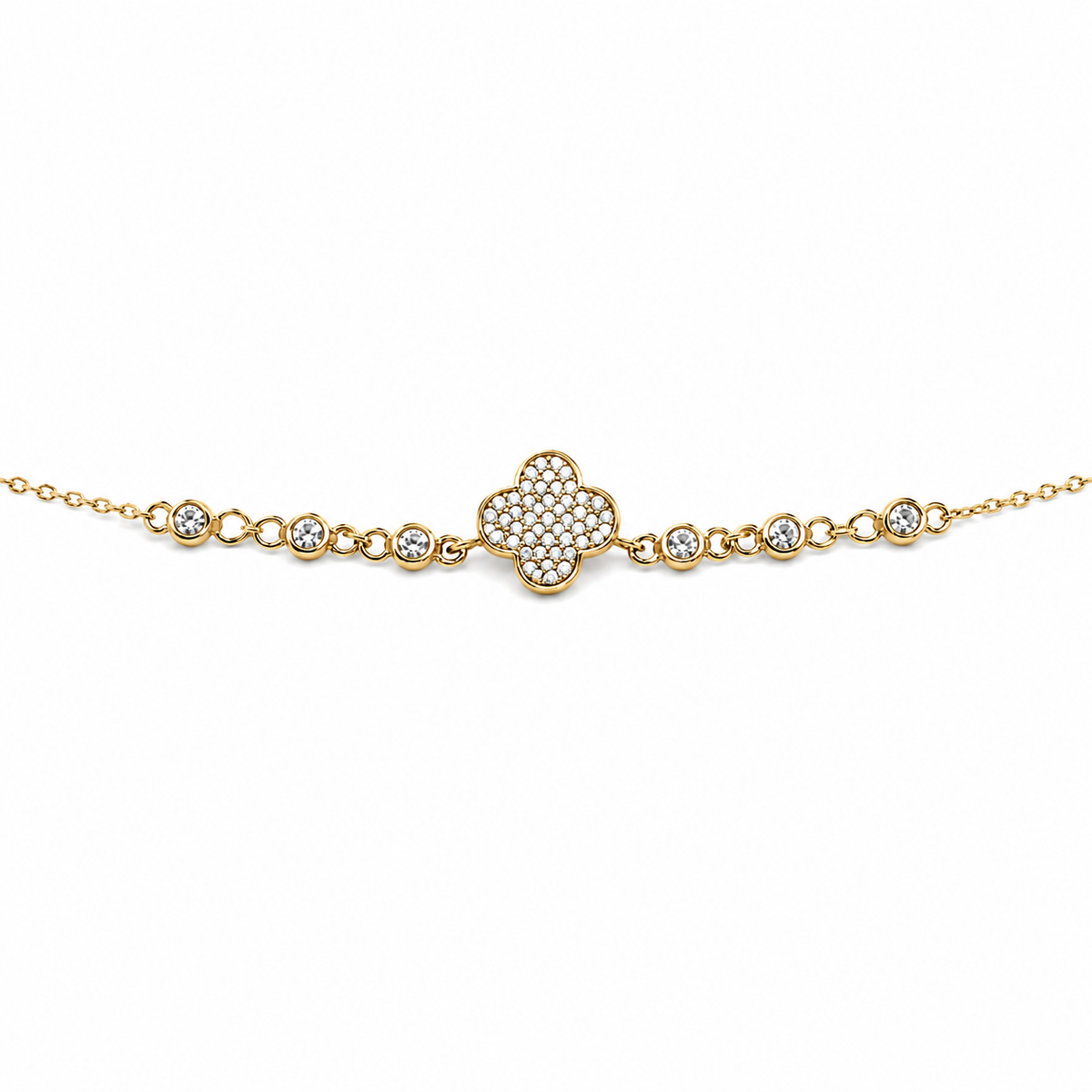 Pulsera dorada con trébol central brillante
