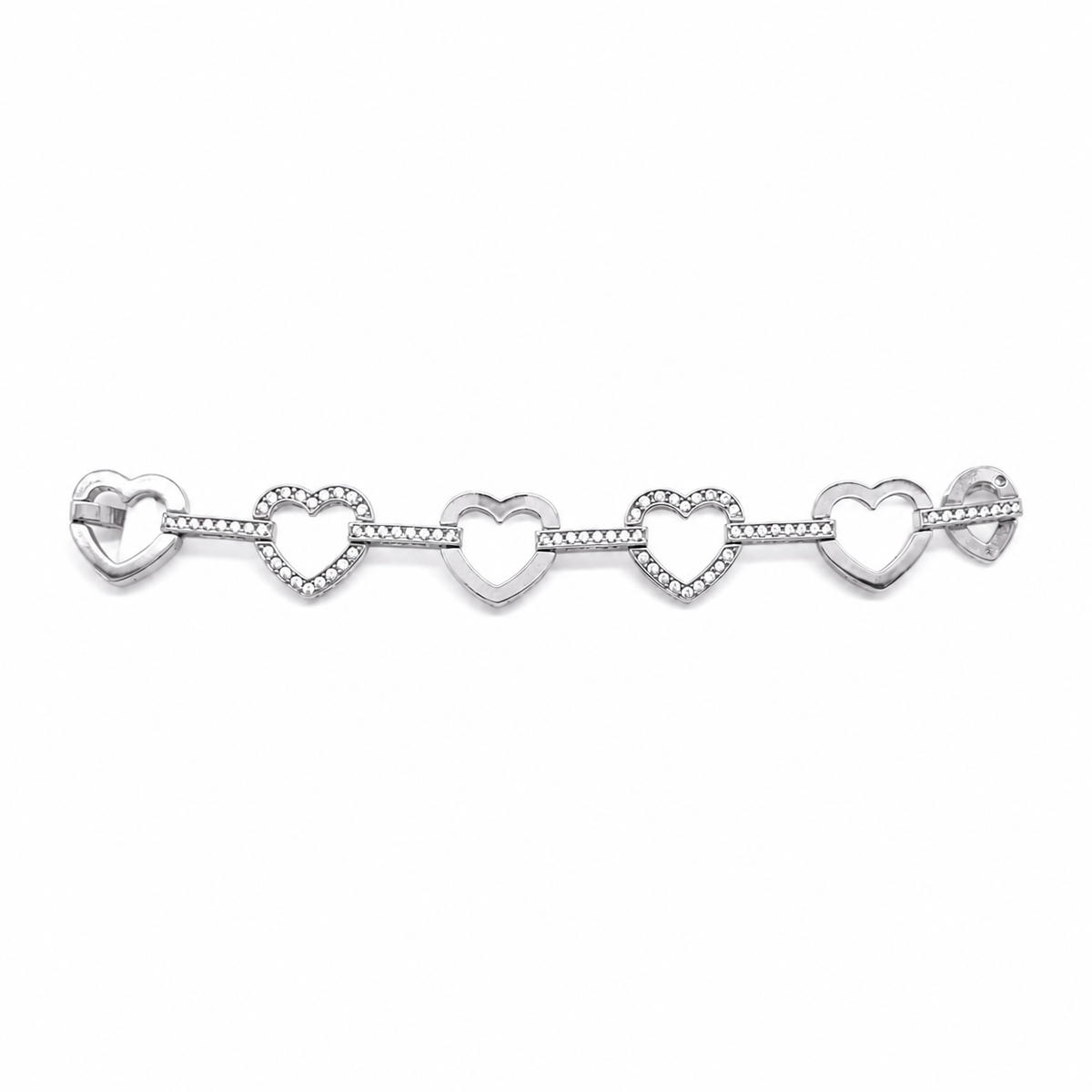 Pulsera plateada con corazones y cristales