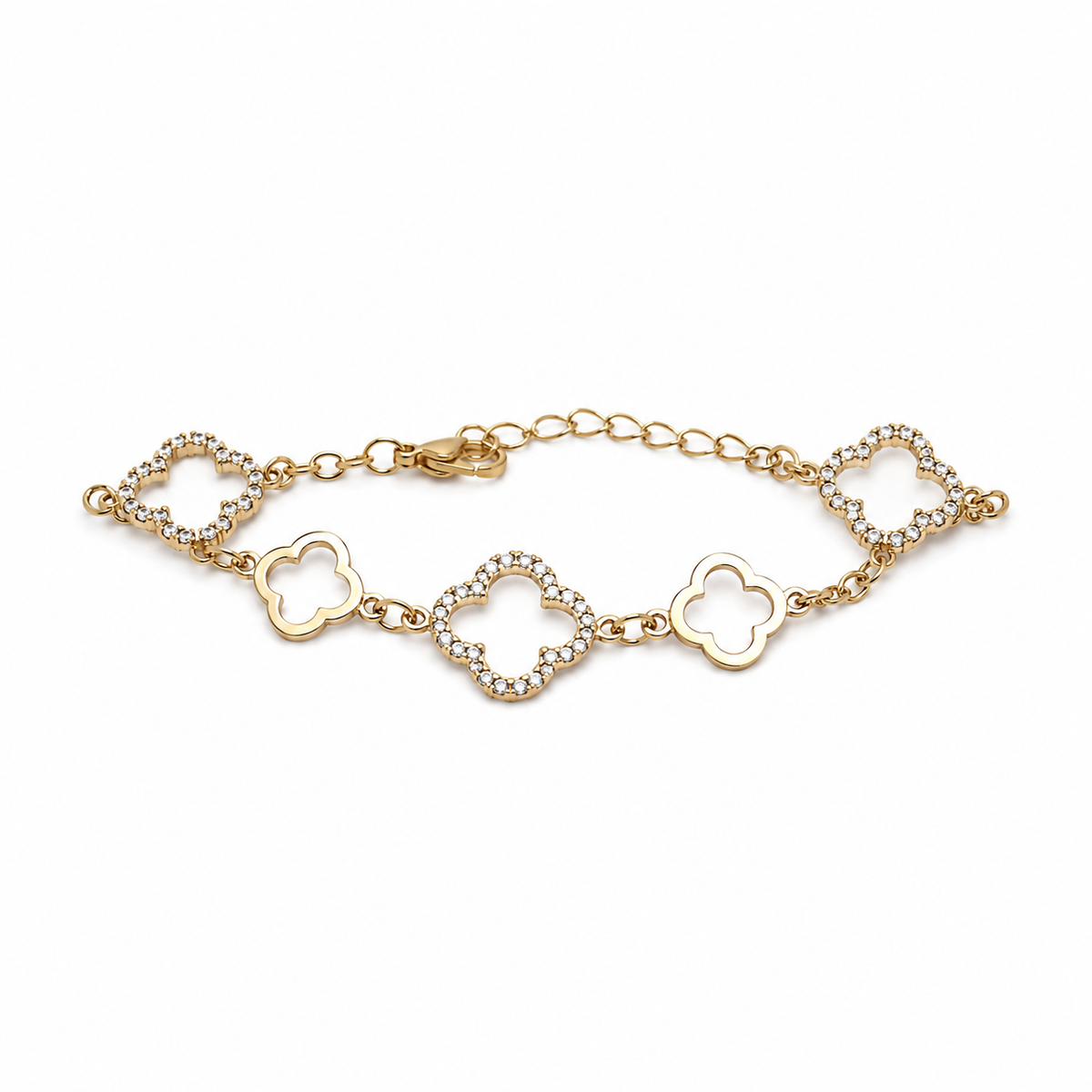 Pulsera dorada con tréboles y cristales