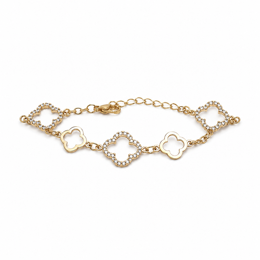 Pulsera dorada con tréboles y cristales