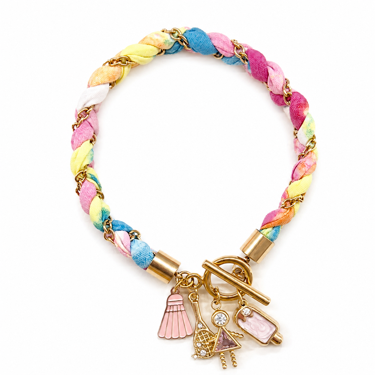 Pulsera collar dorado con tela floral y dijes femeninos