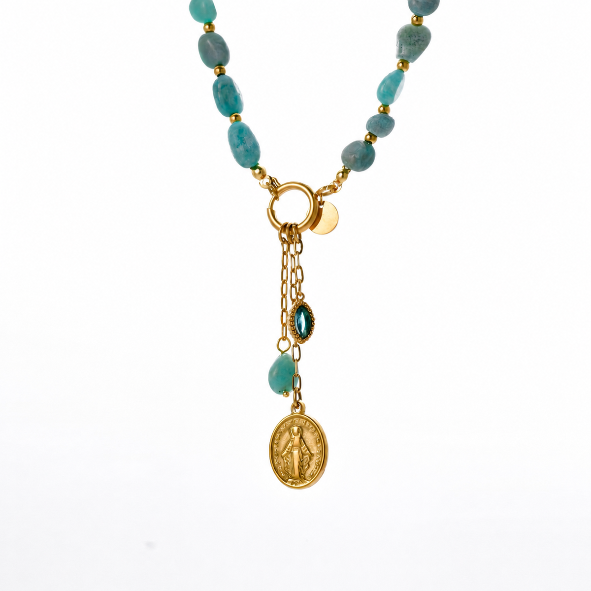Collar piedras con charms y Virgen Milagrosa - collar de joyeria al por mayor