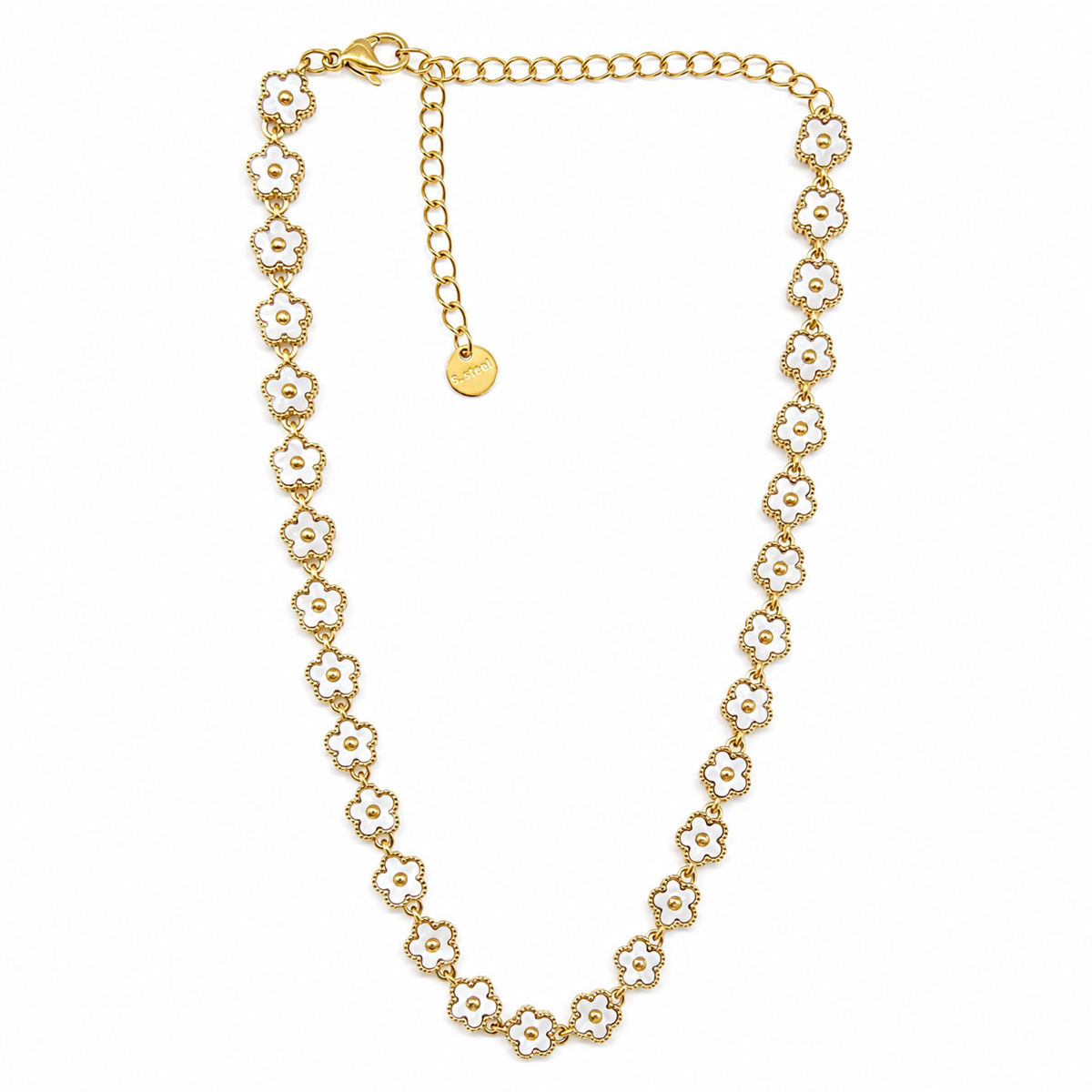 Collar dorado con flores blancas esmaltadas