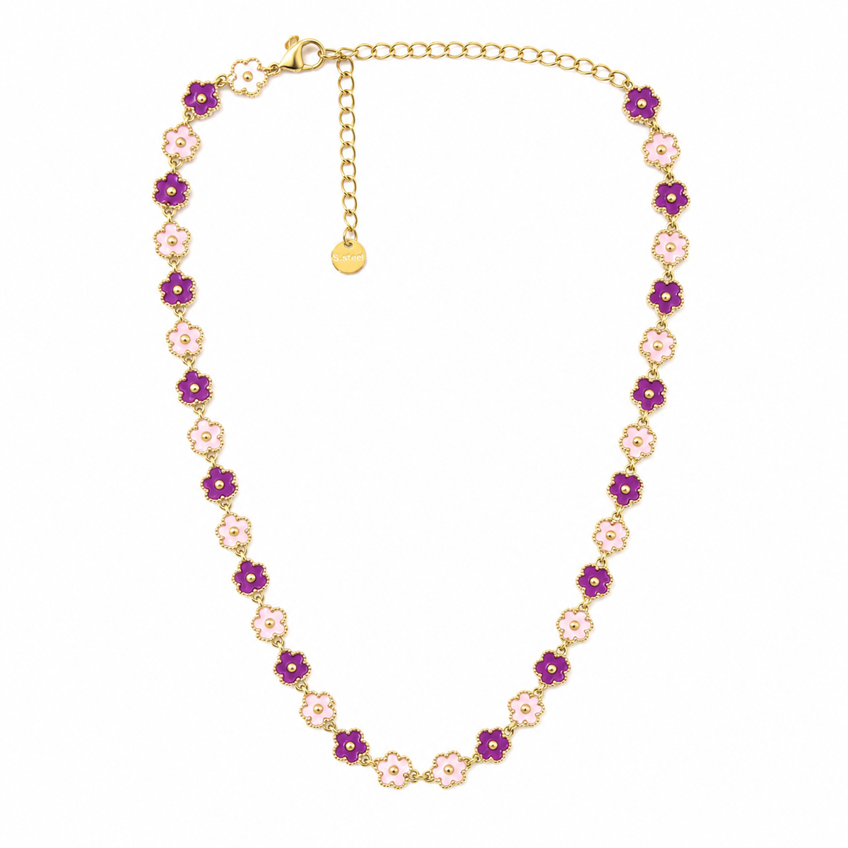Collar dorado con flores rosas y moradas
