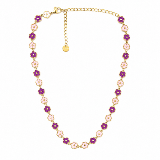 Collar dorado con flores rosas y moradas