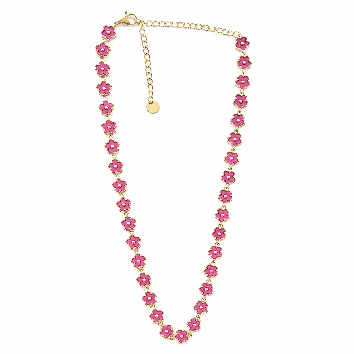 Collar dorado con flores fucsias esmaltadas