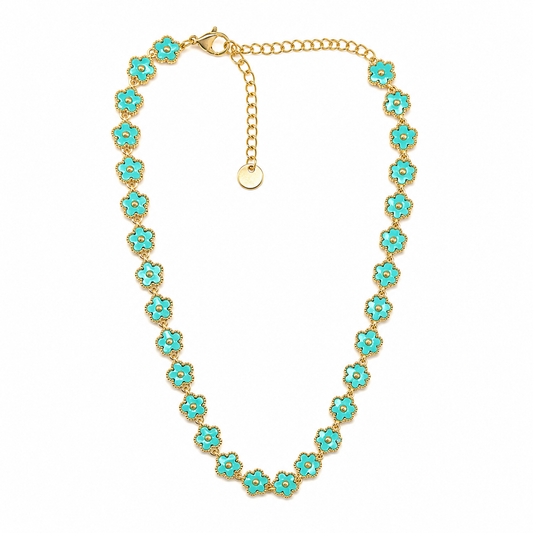 Collar dorado con flores verde esmaltadas