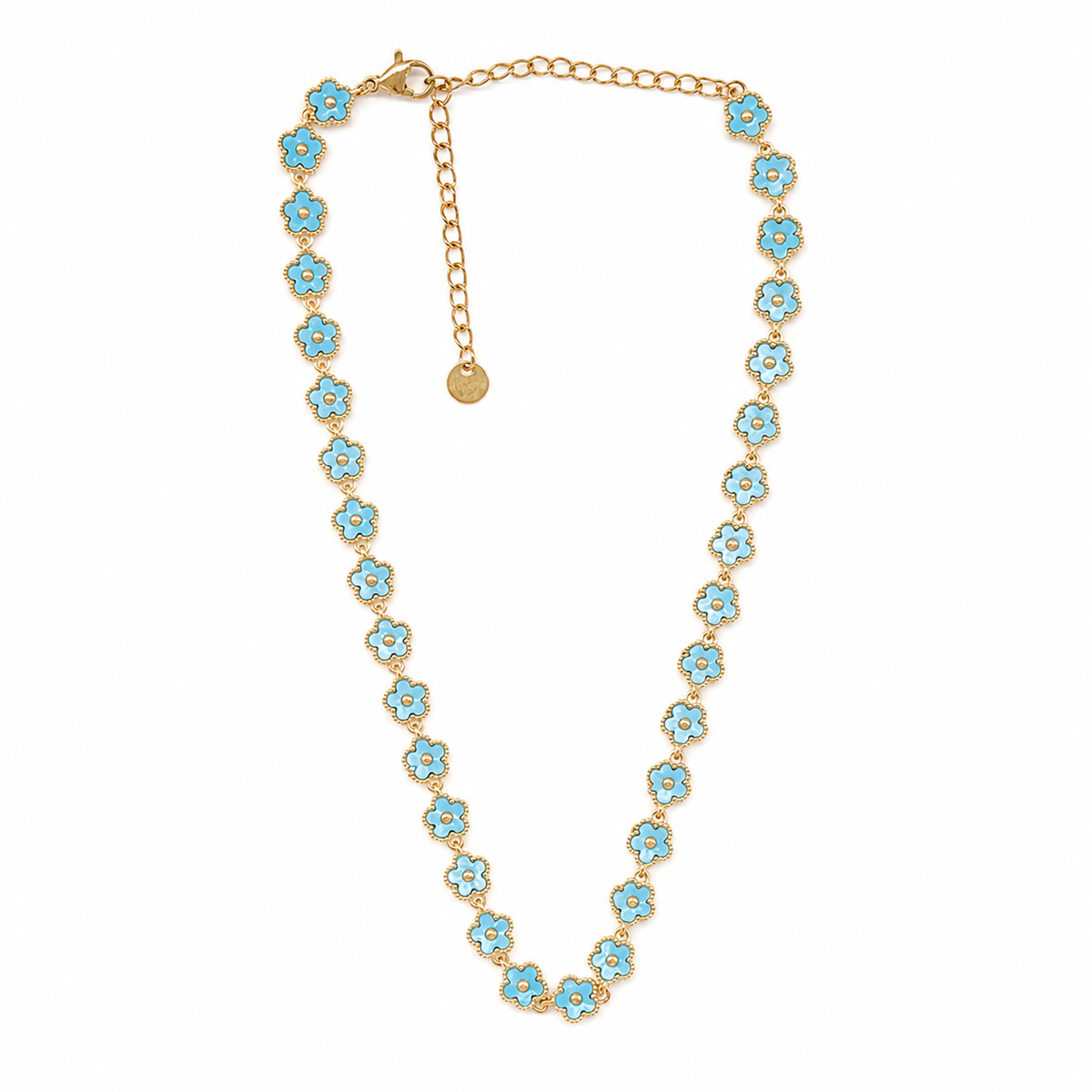 Collar dorado con flores celestes esmaltadas