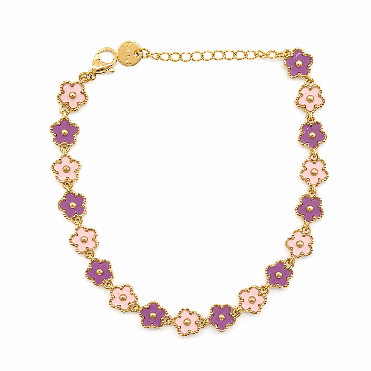 Pulsera dorado con flores rosas y moradas