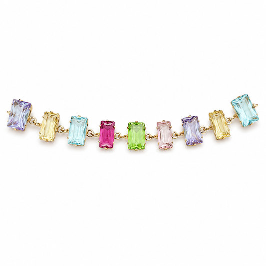 Pulsera con piedras rectangulares multicolor y baño de oro de 18 quilates
