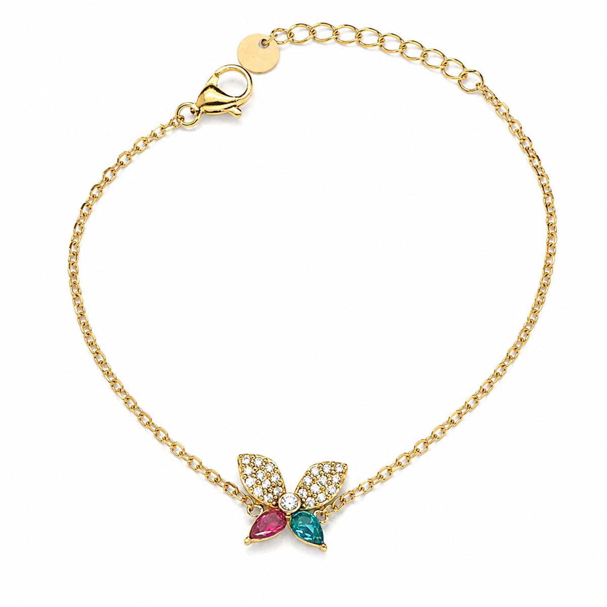 Pulsera con mariposa decorada con cristales rosas y azules, y baño de oro de 18 quilates
