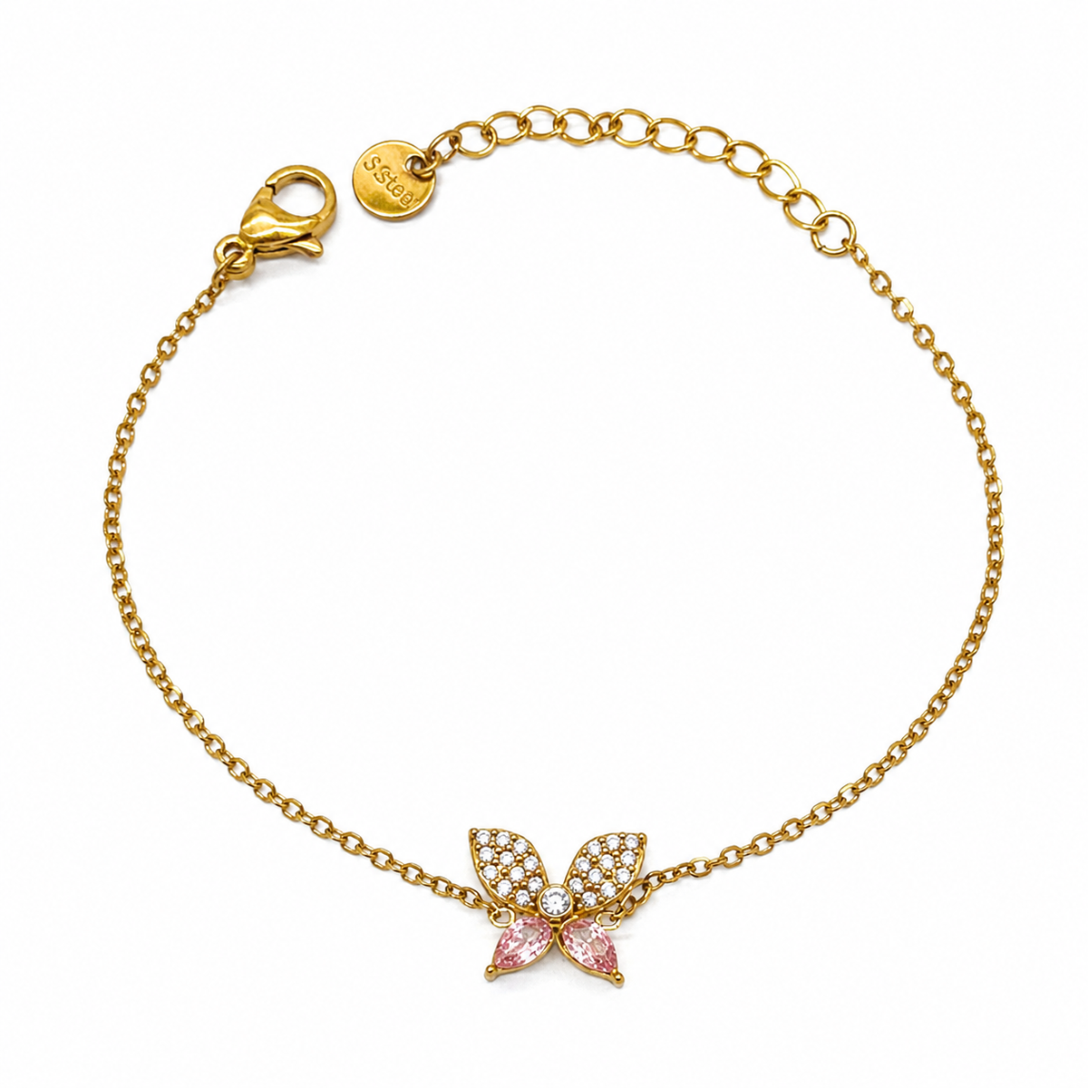 Pulsera con mariposa decorada con cristales rosas y baño de oro de 18 quilates