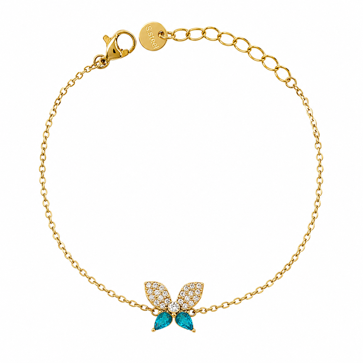 Pulsera con mariposa decorada con cristales azules y baño de oro de 18 quilates