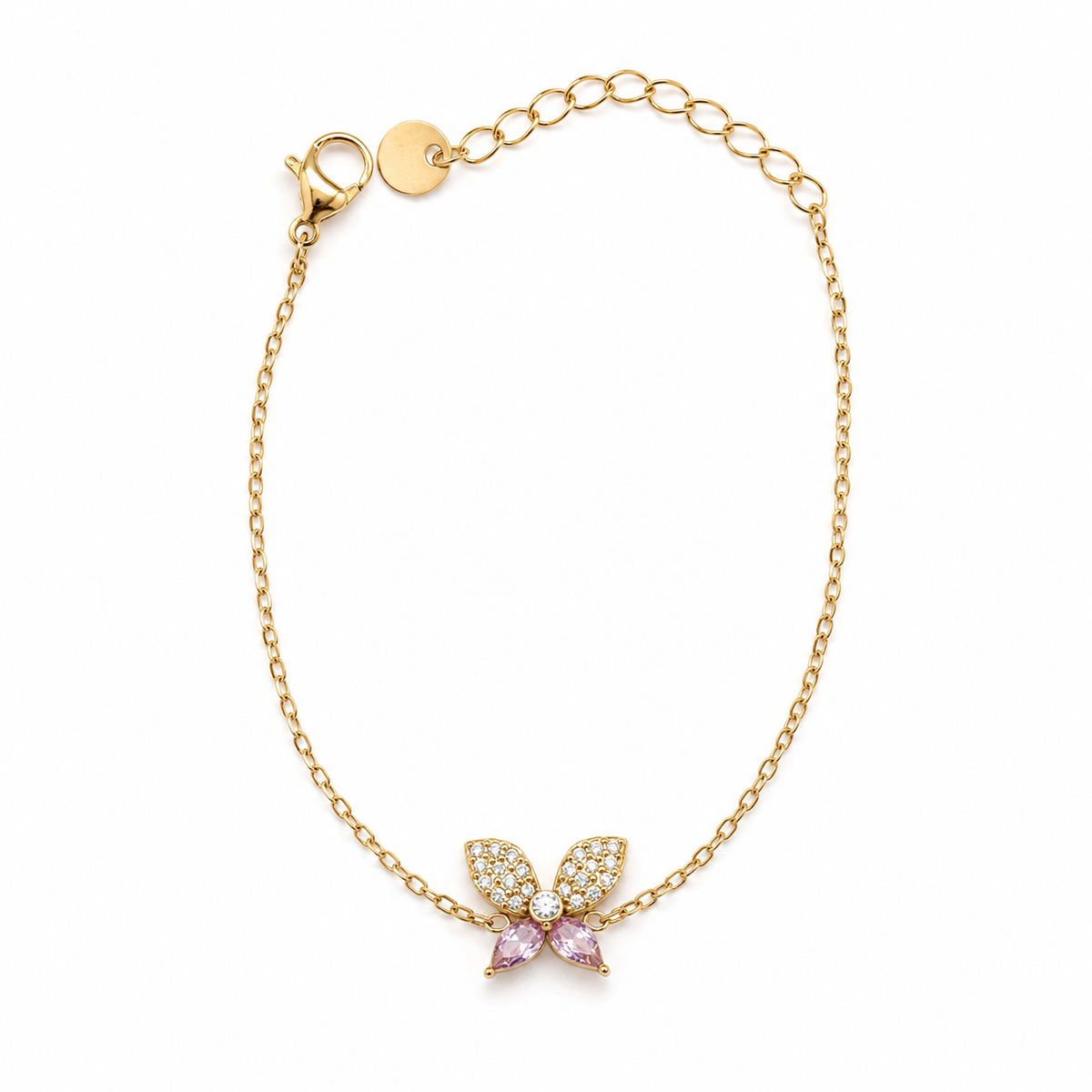 Pulsera con mariposa decorada con cristales lila y baño de oro de 18 quilates