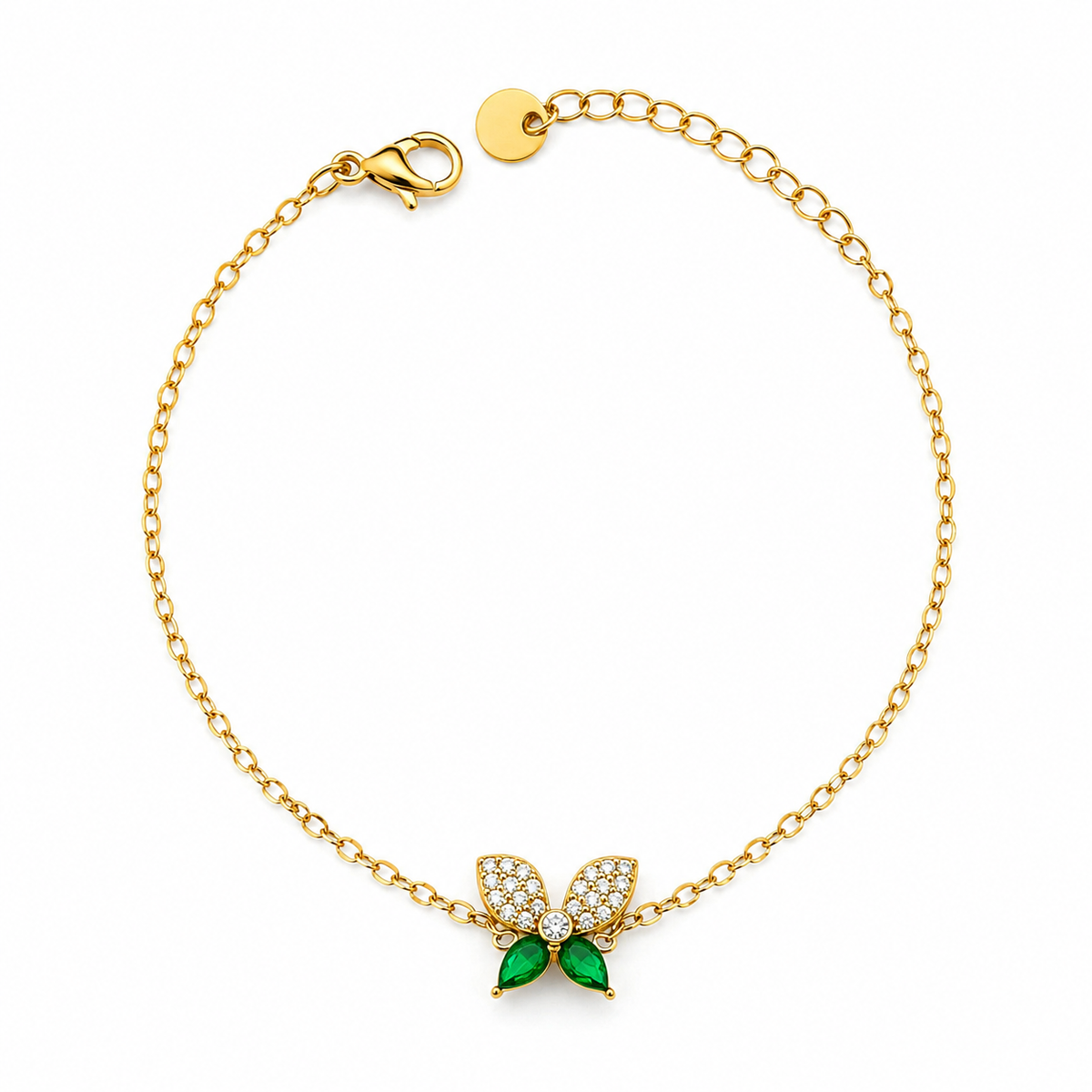 Pulsera con mariposa decorada con cristales verdes y baño de oro de 18 quilates