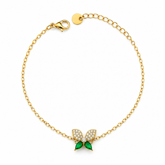 Pulsera con mariposa decorada con cristales verdes y baño de oro de 18 quilates