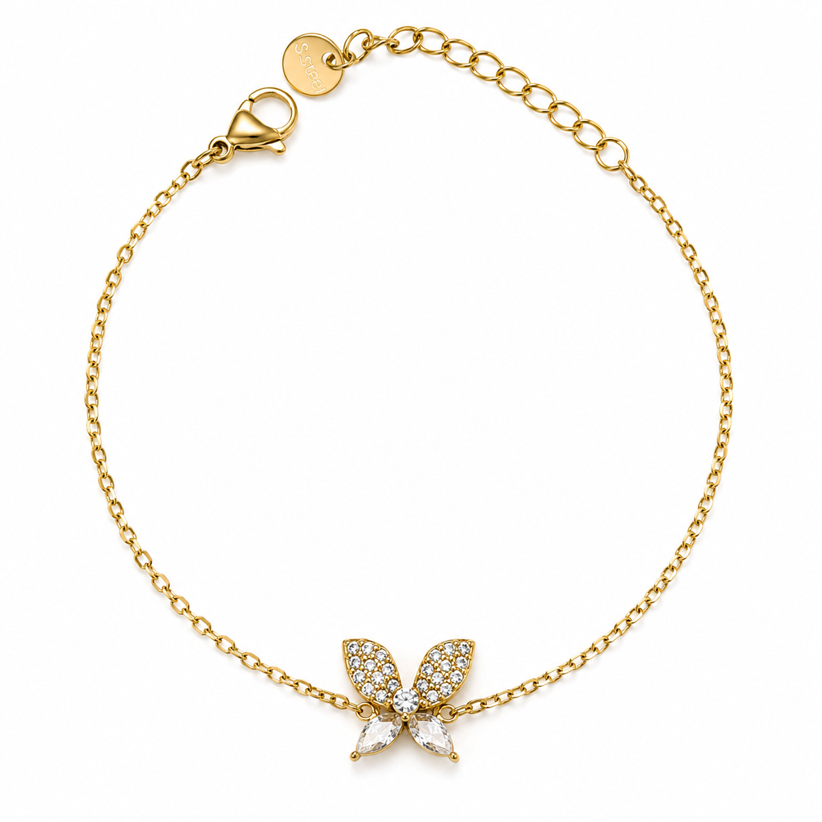 Pulsera con mariposa decorada con cristales blancos y baño de oro de 18 quilates