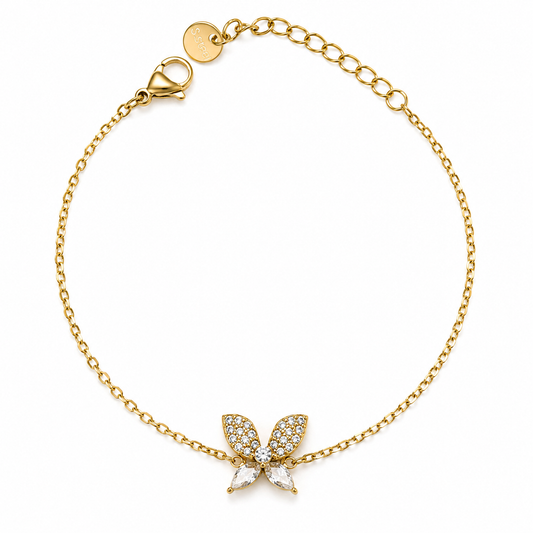 Pulsera con mariposa decorada con cristales blancos y baño de oro de 18 quilates