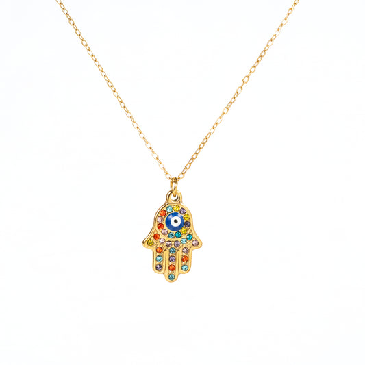 Collar Mano con Zirconia y ojo Suerte