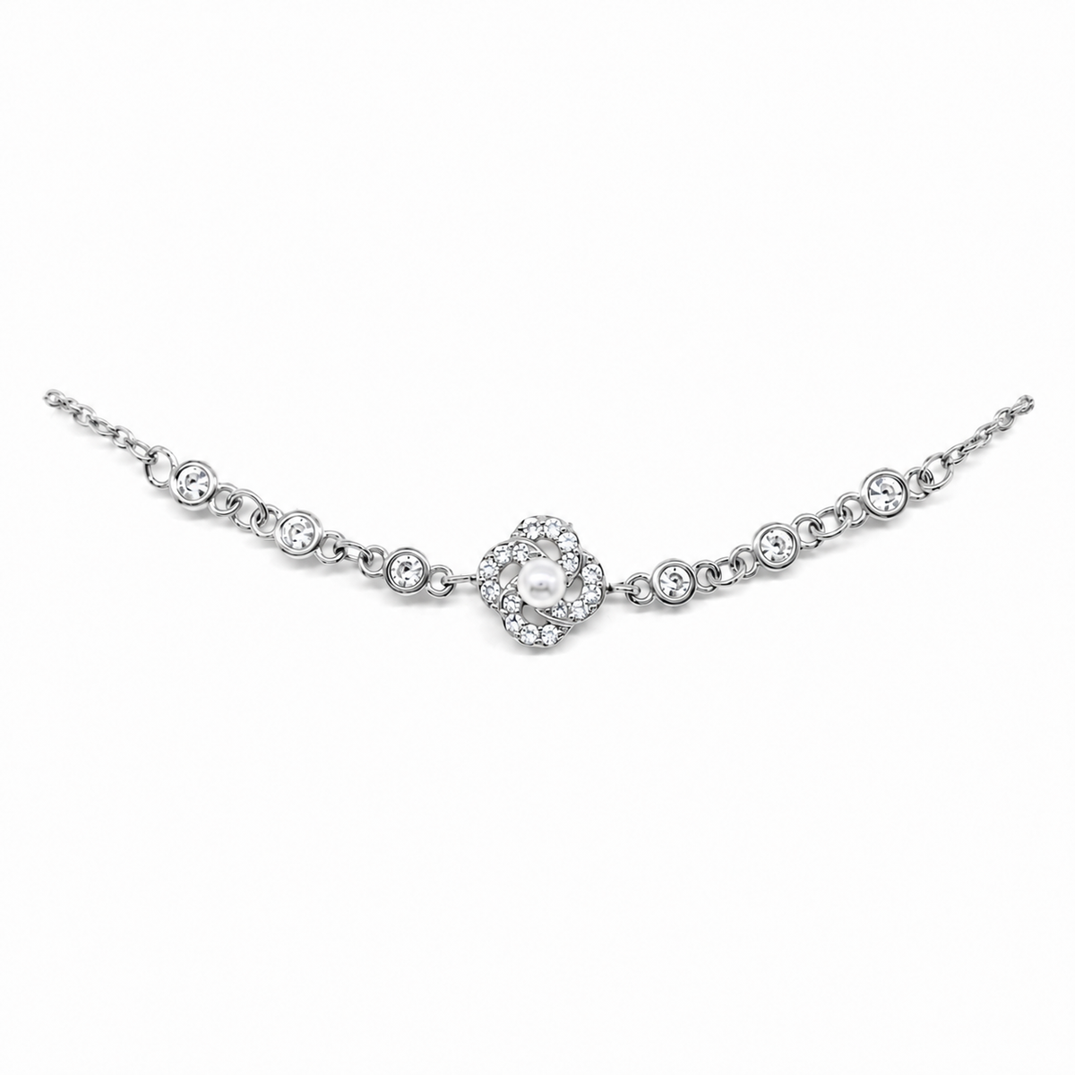 Pulsera plata con flor, perla y cristales